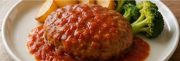 トマト煮込みハンバーグ。冷凍っぽさが少なく、
手作り感のあるしっかりとした味わい。